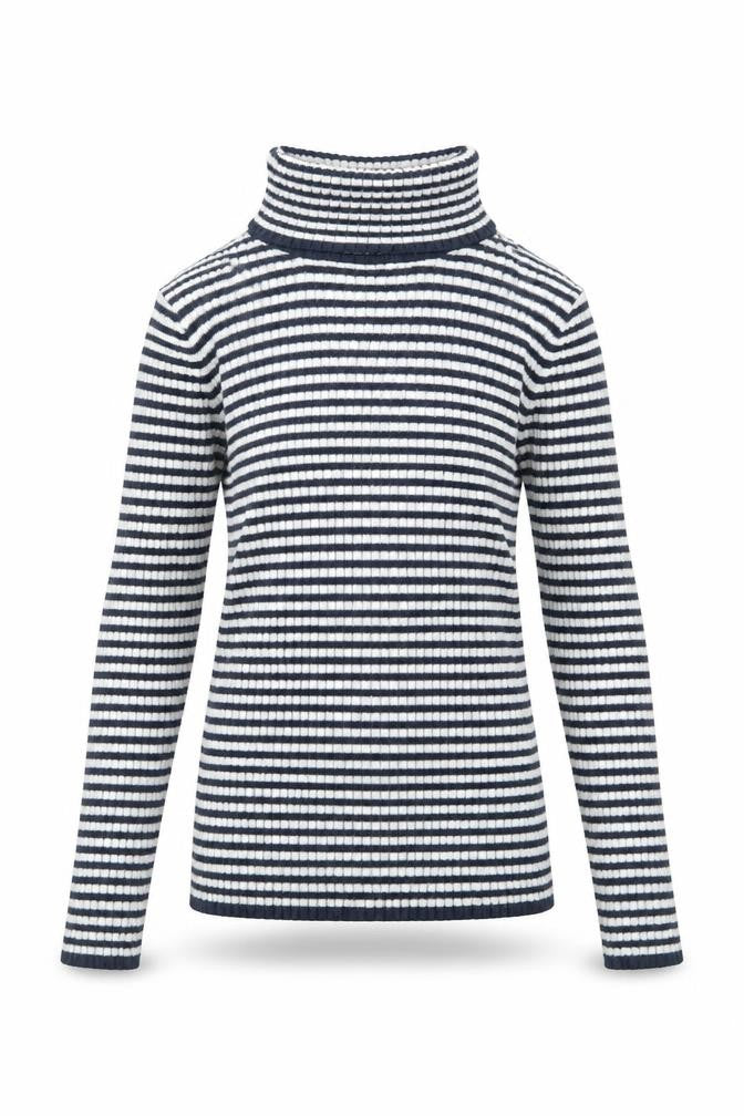 Front view of Next girls’ blue striped polyester basic t-shirt, size 7, years roll neck