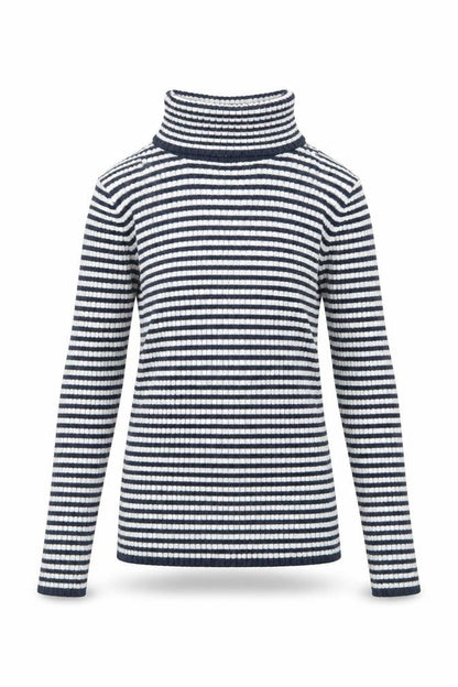 Front view of Next girls’ blue striped polyester basic t-shirt, size 7, years roll neck