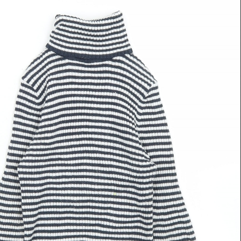 Close-up detail of Next girls’ blue striped polyester basic t-shirt, size 7, years roll neck