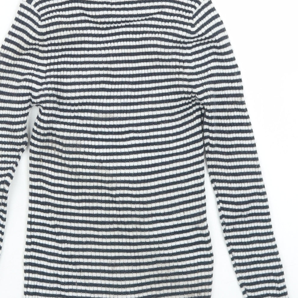 Brand and care label for Next girls’ blue striped polyester basic t-shirt, size 7, years roll neck