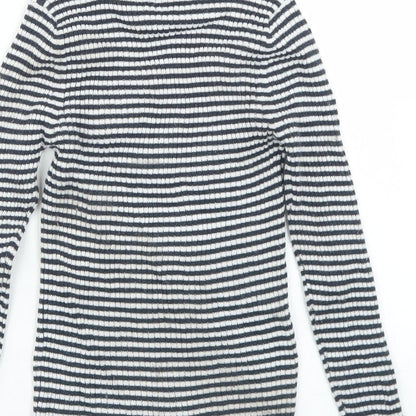 Brand and care label for Next girls’ blue striped polyester basic t-shirt, size 7, years roll neck