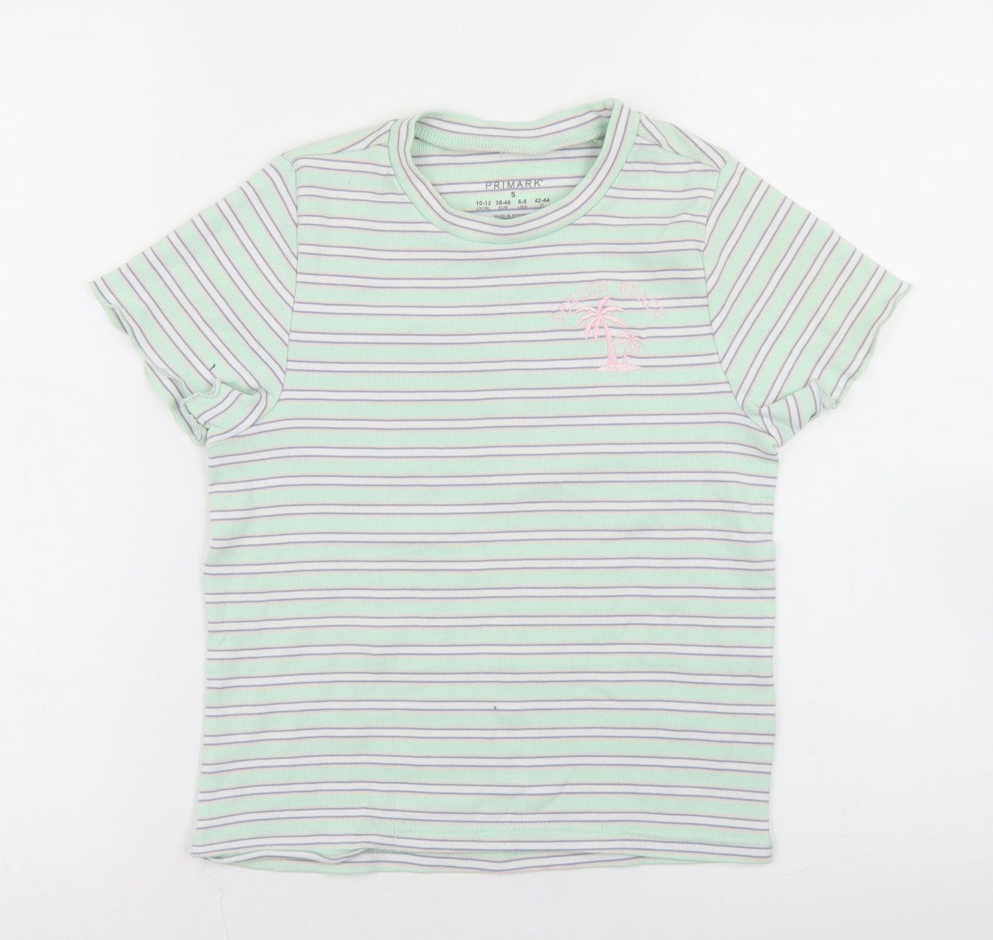 Primark Womens Green Striped Polyester Basic T-Shirt Size 10 Crew Neck