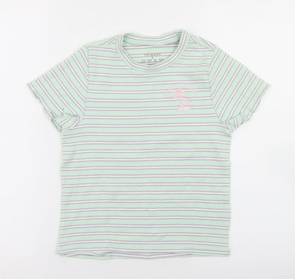 Primark Womens Green Striped Polyester Basic T-Shirt Size 10 Crew Neck