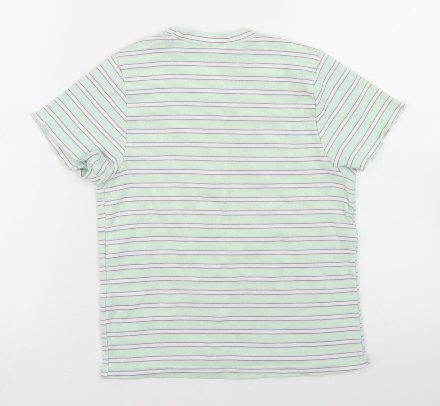 Primark Womens Green Striped Polyester Basic T-Shirt Size 10 Crew Neck