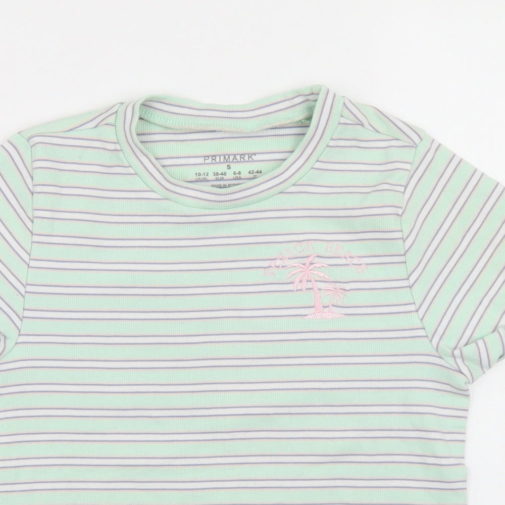 Primark Womens Green Striped Polyester Basic T-Shirt Size 10 Crew Neck