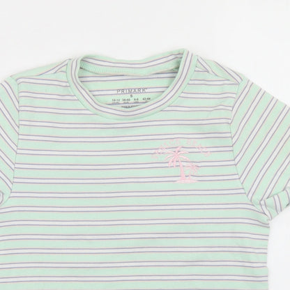 Primark Womens Green Striped Polyester Basic T-Shirt Size 10 Crew Neck
