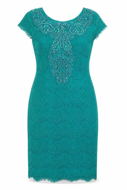 Front view of Darling women’s green nylon pencil dress, size UK 12, round neck zip