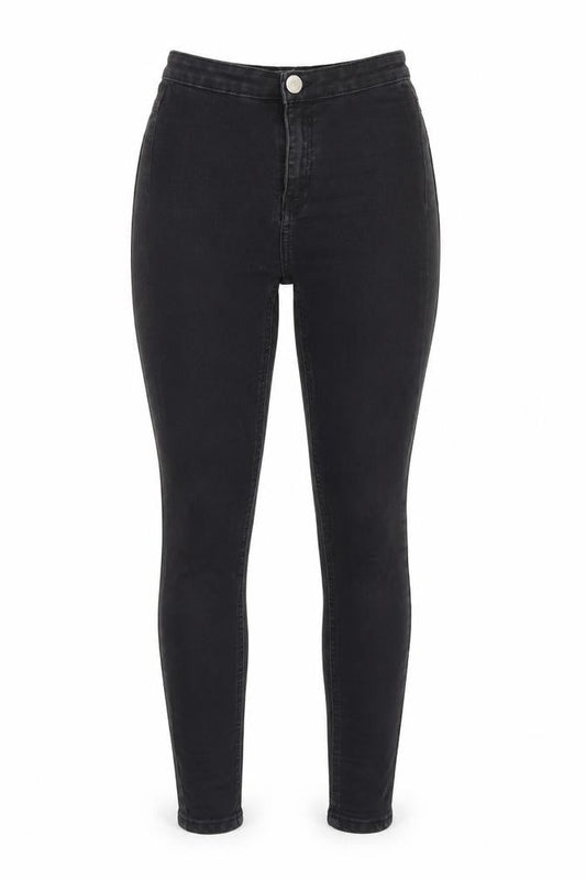 Front view of Lipsy women’s black cotton skinny jeans, size UK 8, 28-inch leg regular button
