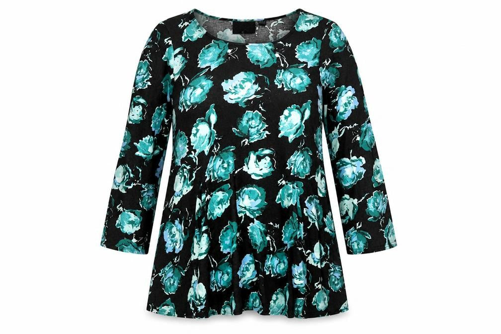 Front view of MINKPINK women’s black floral viscose trapeze & swing, size M, round neck - flare sleeve