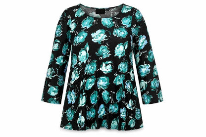 Front view of MINKPINK women’s black floral viscose trapeze & swing, size M, round neck - flare sleeve