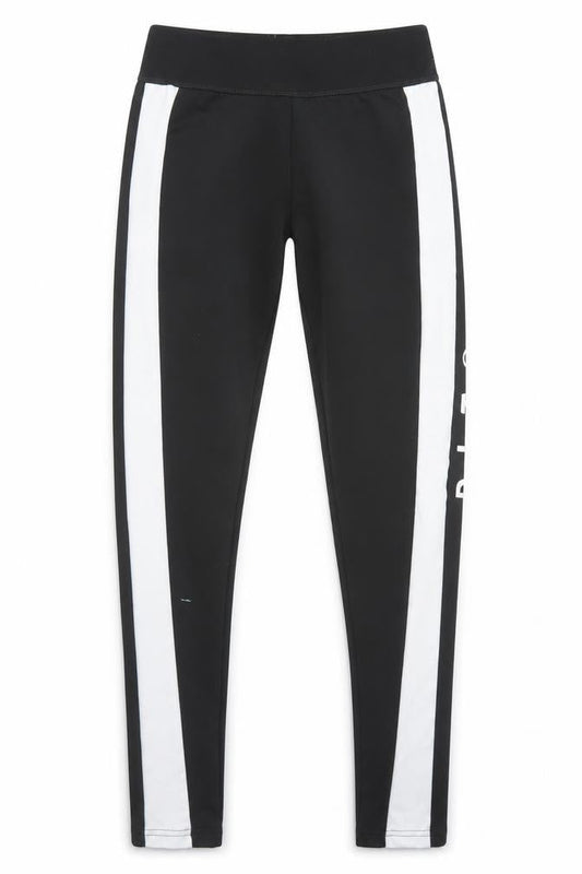 Front view of PRETTYLITTLETHING women’s black polyester compression leggings, size UK 8, 25-inch leg regular