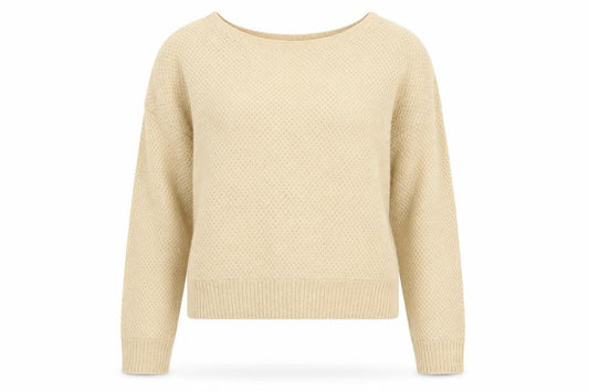 Front view of Miss Selfridge women’s beige boat neck acrylic jumper, size UK 8