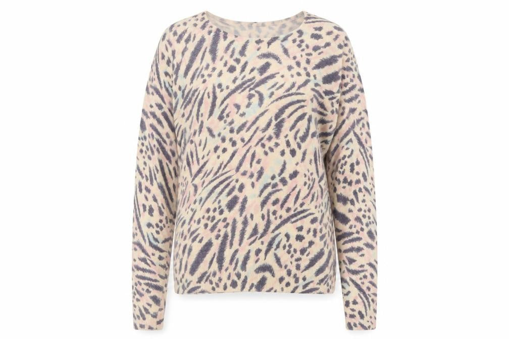 Front view of Marks & Spencer women’s purple crew neck animal print viscose jumper, size UK 8