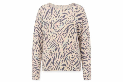 Front view of Marks & Spencer women’s purple crew neck animal print viscose jumper, size UK 8