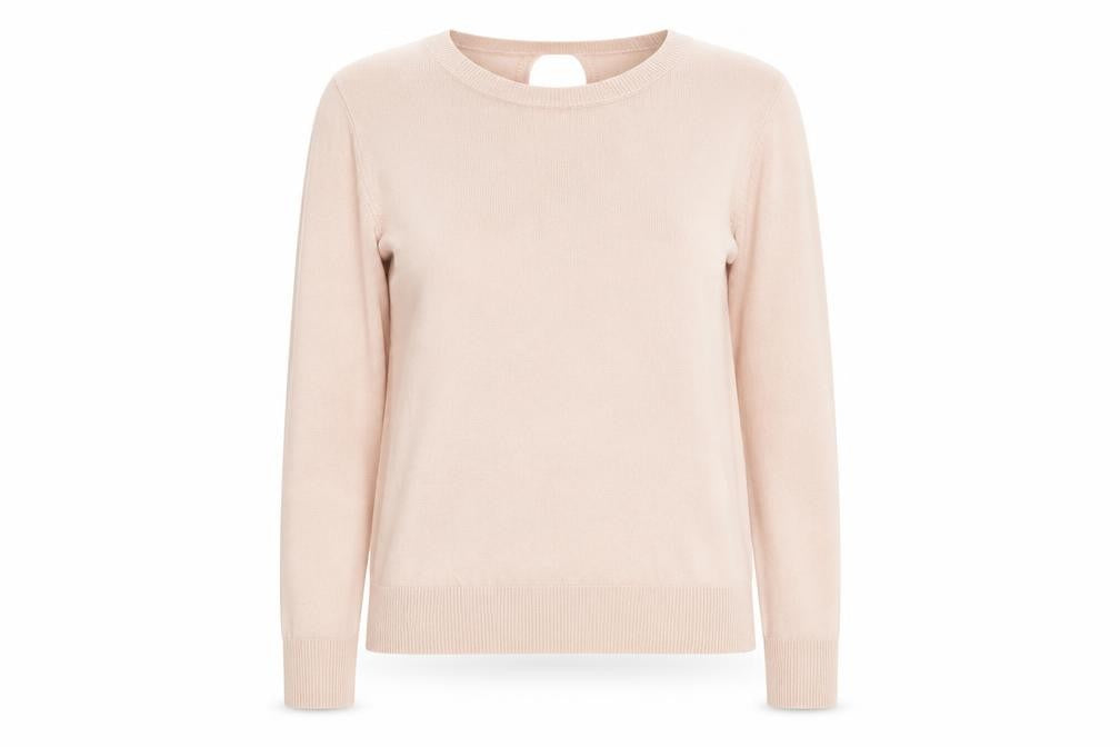 Front view of Dorothy Perkins women’s pink crew neck acrylic jumper, size UK 10