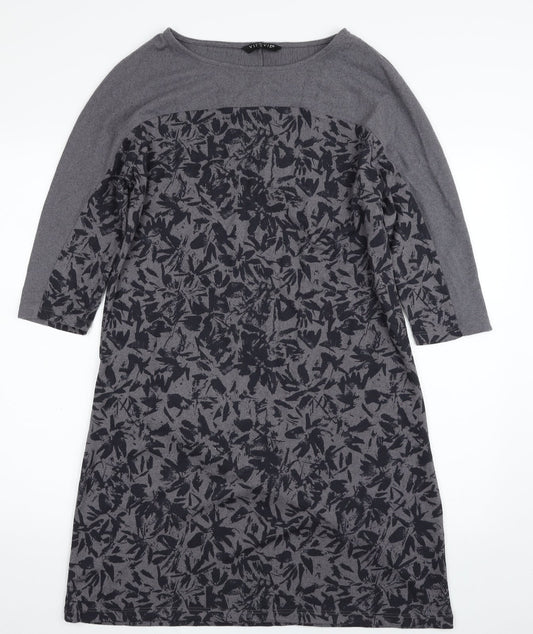 Additional front view of VIZ. A. VIZ women’s grey floral polyester a-line, size S, boat neck pullover