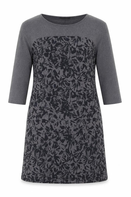 Front view of VIZ. A. VIZ women’s grey floral polyester a-line, size S, boat neck pullover