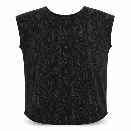 Front view of Klass women’s black striped polyester basic blouse, size M, boat neck