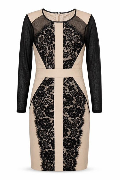 Front view of Julien Macdonald women’s beige floral polyester sheath, size UK 10, scoop neck zip