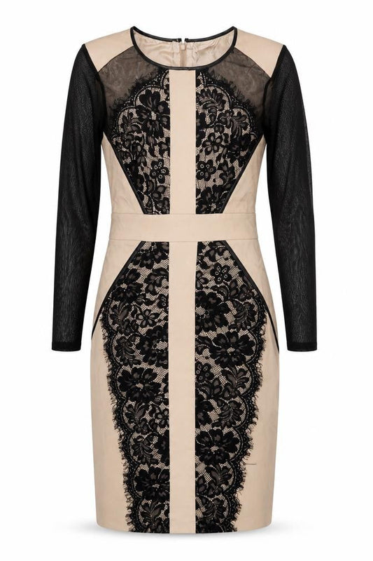 Front view of Julien Macdonald women’s beige floral polyester sheath, size UK 10, scoop neck zip
