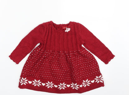 Jingles & Joy Girls Red Geometric Acrylic Pullover Jumper Size 3-6 Months  Button