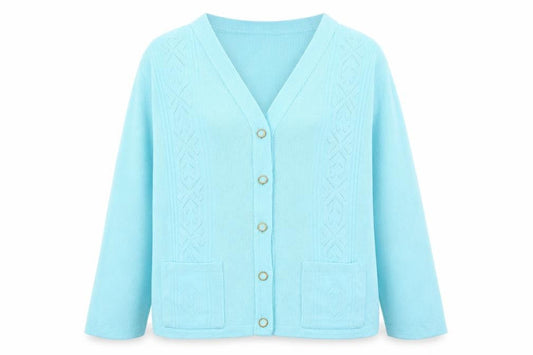 Front view of Merry Gold women’s blue v-neck acrylic cardigan jumper, size L