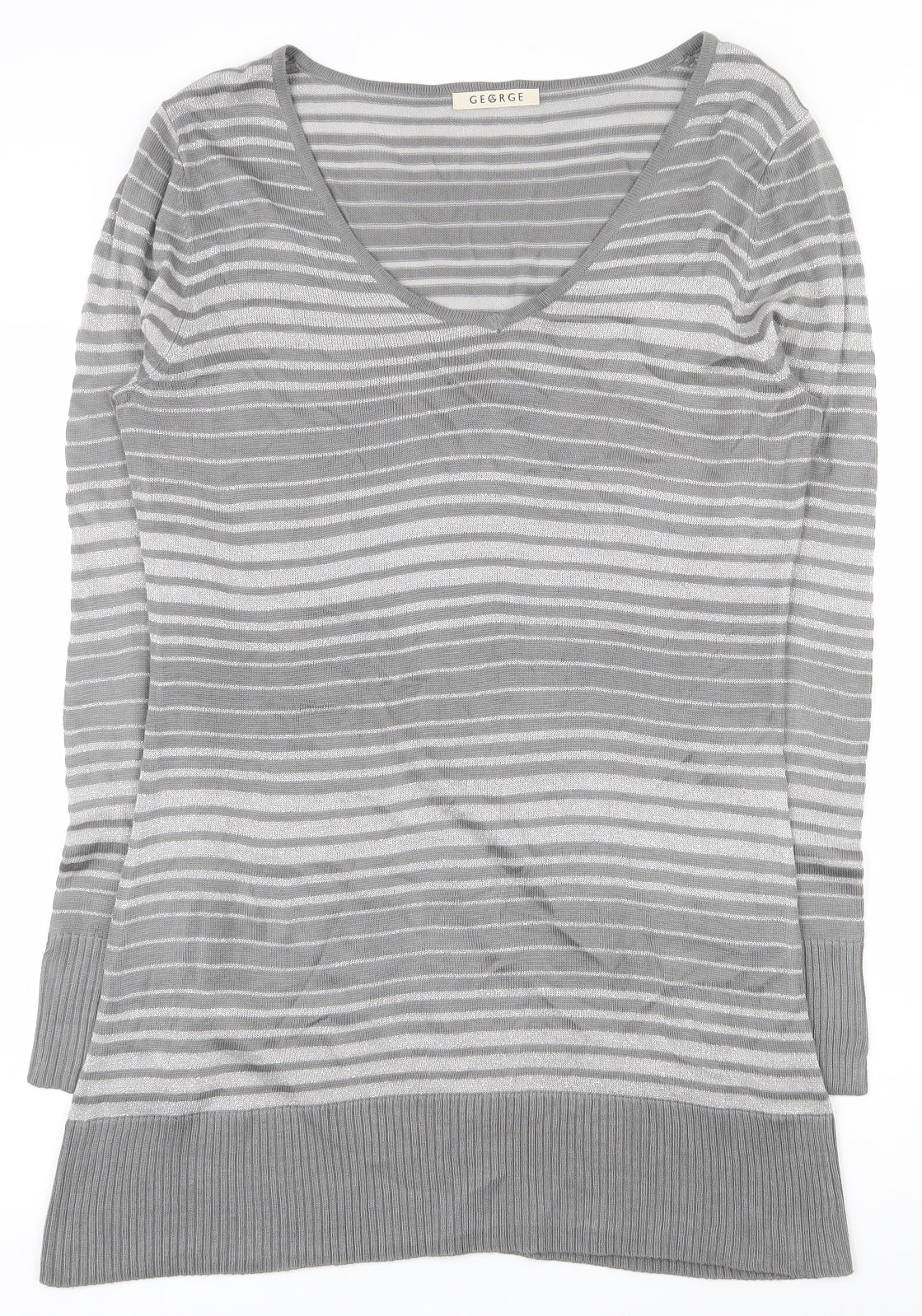 George Womens Grey Scoop Neck Striped Acrylic Tunic Jumper Size 12