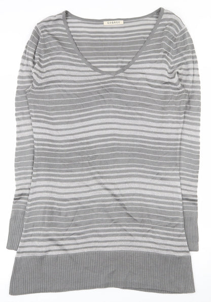 George Womens Grey Scoop Neck Striped Acrylic Tunic Jumper Size 12