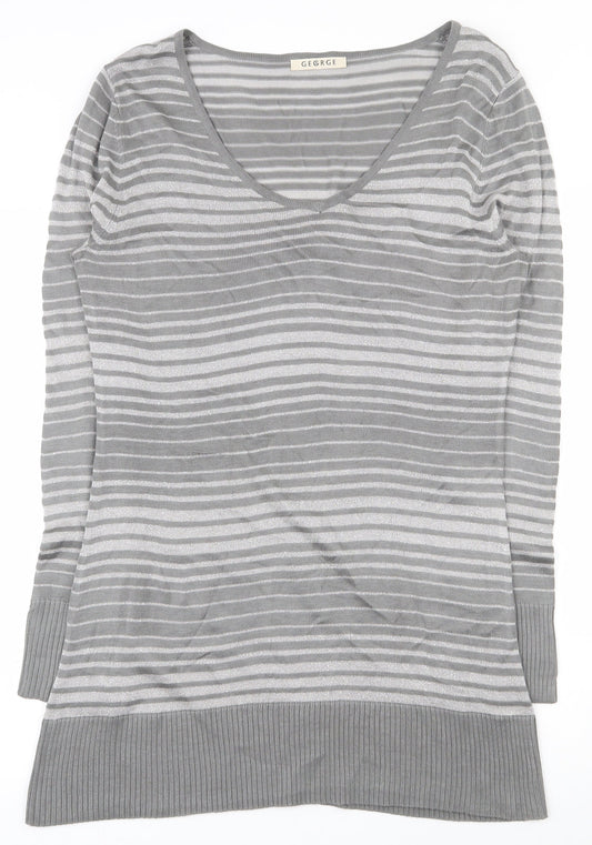 George Womens Grey Scoop Neck Striped Acrylic Tunic Jumper Size 12