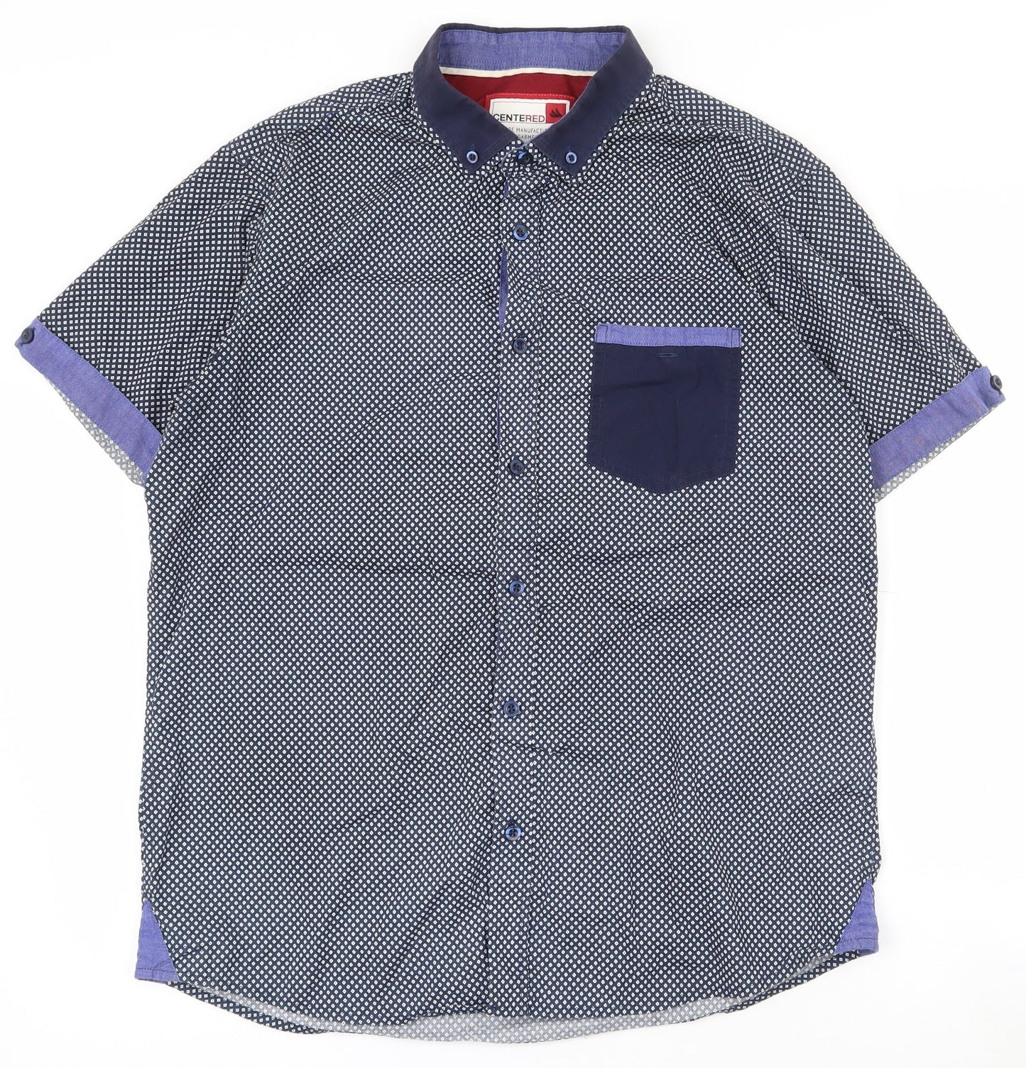 Mens UK Size L Centered Blue  Button-Up Short Sleeve Casual Shirt