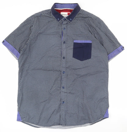 Mens UK Size L Centered Blue  Button-Up Short Sleeve Casual Shirt