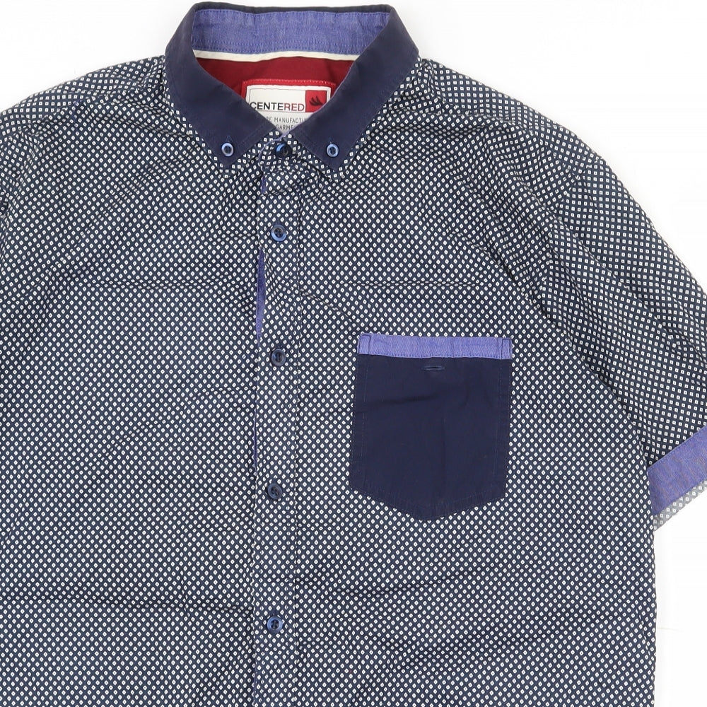 Mens UK Size L Centered Blue  Button-Up Short Sleeve Casual Shirt