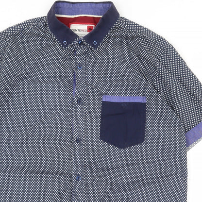 Mens UK Size L Centered Blue  Button-Up Short Sleeve Casual Shirt