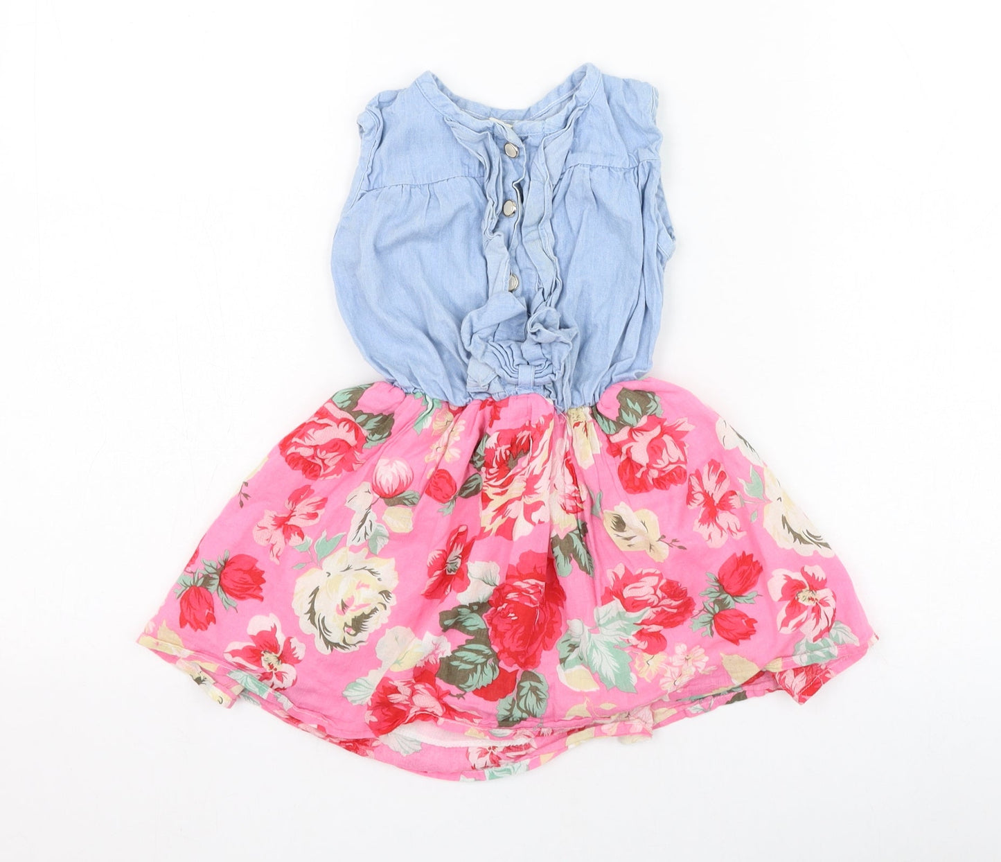 Preworn Girls Pink Floral Cotton Skater Dress  Size 2 Years  Round Neck Button
