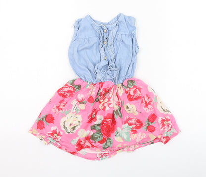 Preworn Girls Pink Floral Cotton Skater Dress  Size 2 Years  Round Neck Button