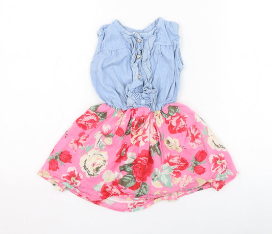 Preworn Girls Pink Floral Cotton Skater Dress  Size 2 Years  Round Neck Button