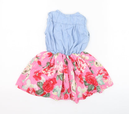 Preworn Girls Pink Floral Cotton Skater Dress  Size 2 Years  Round Neck Button