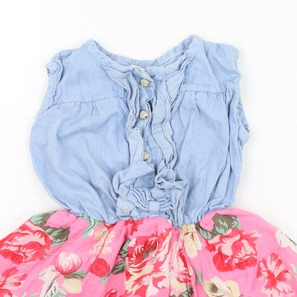 Preworn Girls Pink Floral Cotton Skater Dress  Size 2 Years  Round Neck Button