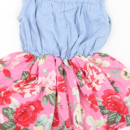 Preworn Girls Pink Floral Cotton Skater Dress  Size 2 Years  Round Neck Button