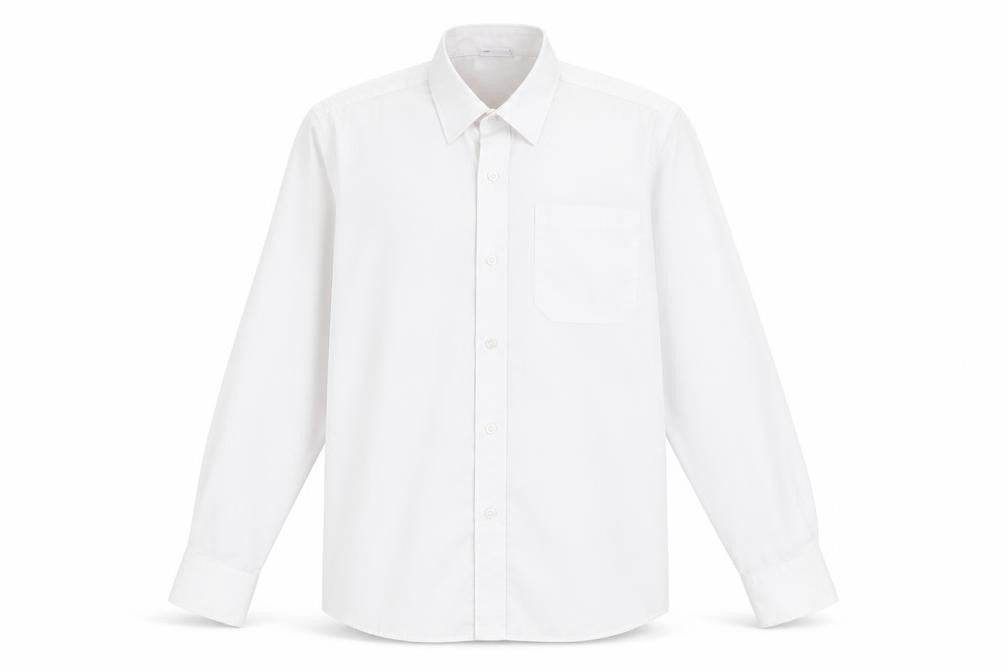 Front view of Banner boys’ white polyester basic button-up, size 13-14, years collared button