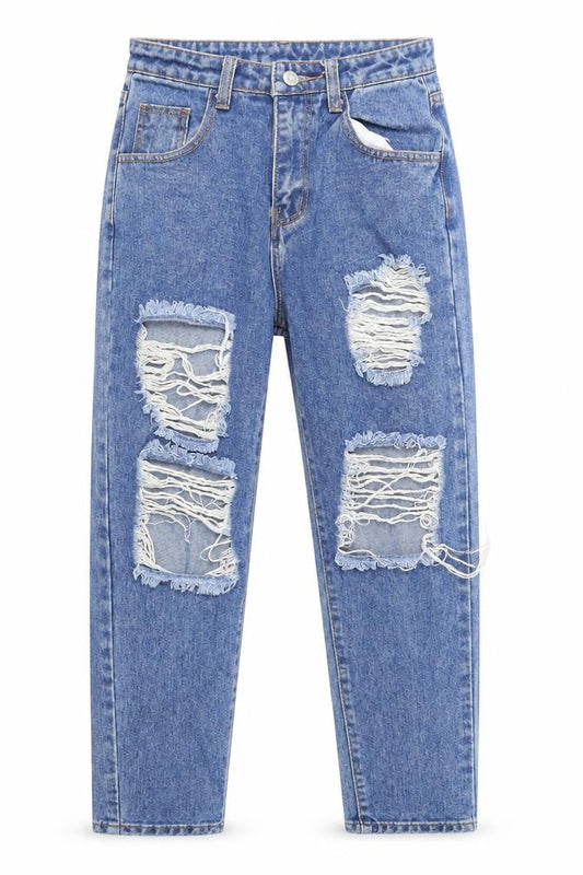 Front view of SHEIN women’s blue cotton tapered jeans, size XS, 27-inch leg regular button