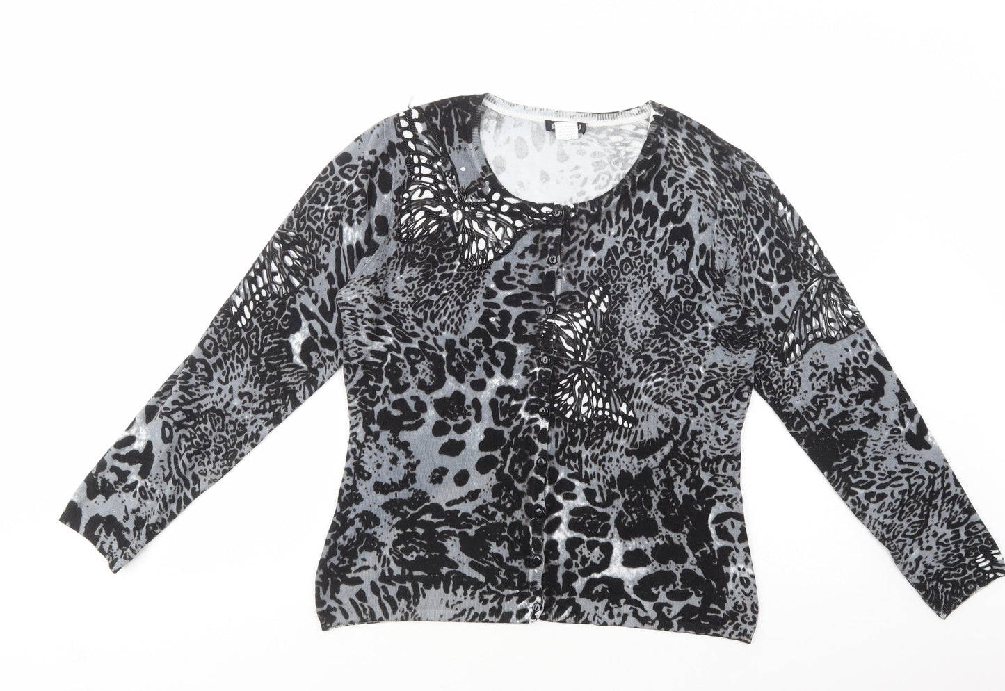 Astrid Womens Grey Scoop Neck Animal Print Viscose Cardigan Jumper Size M