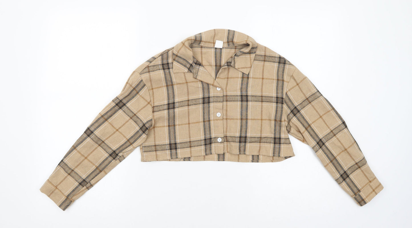 SheIn Girls Beige Plaid Cotton Cropped Button-Up Size 10 Years Collared Button