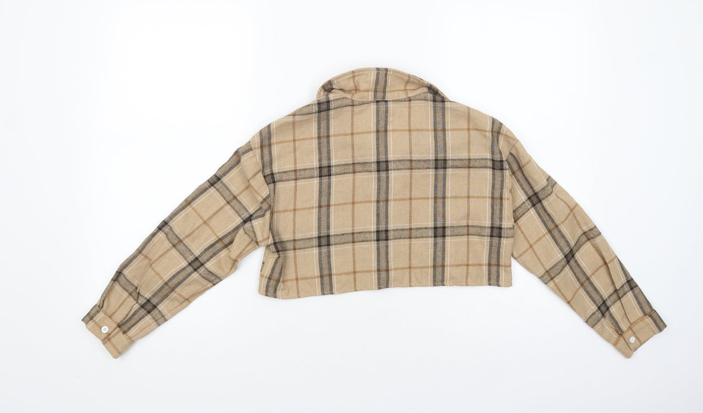 SheIn Girls Beige Plaid Cotton Cropped Button-Up Size 10 Years Collared Button