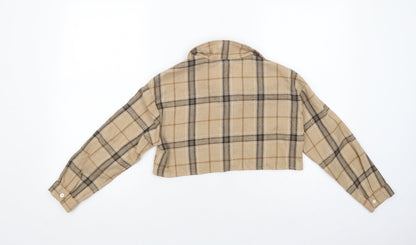SheIn Girls Beige Plaid Cotton Cropped Button-Up Size 10 Years Collared Button