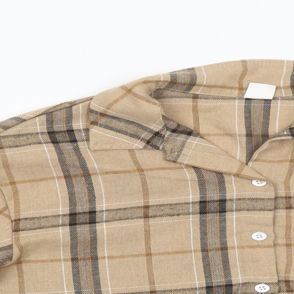 SheIn Girls Beige Plaid Cotton Cropped Button-Up Size 10 Years Collared Button
