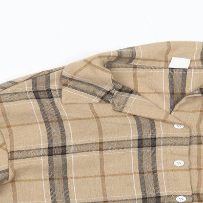 SheIn Girls Beige Plaid Cotton Cropped Button-Up Size 10 Years Collared Button