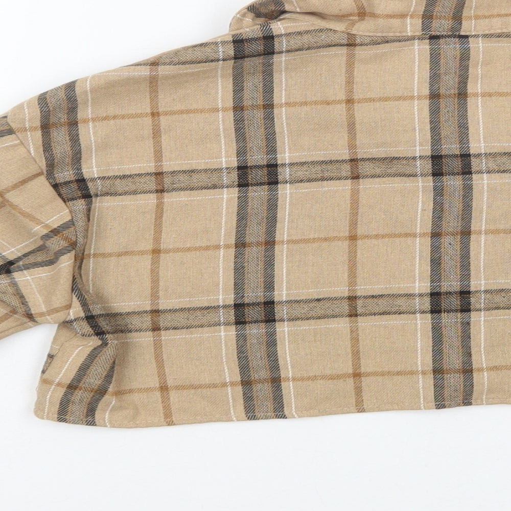 SheIn Girls Beige Plaid Cotton Cropped Button-Up Size 10 Years Collared Button
