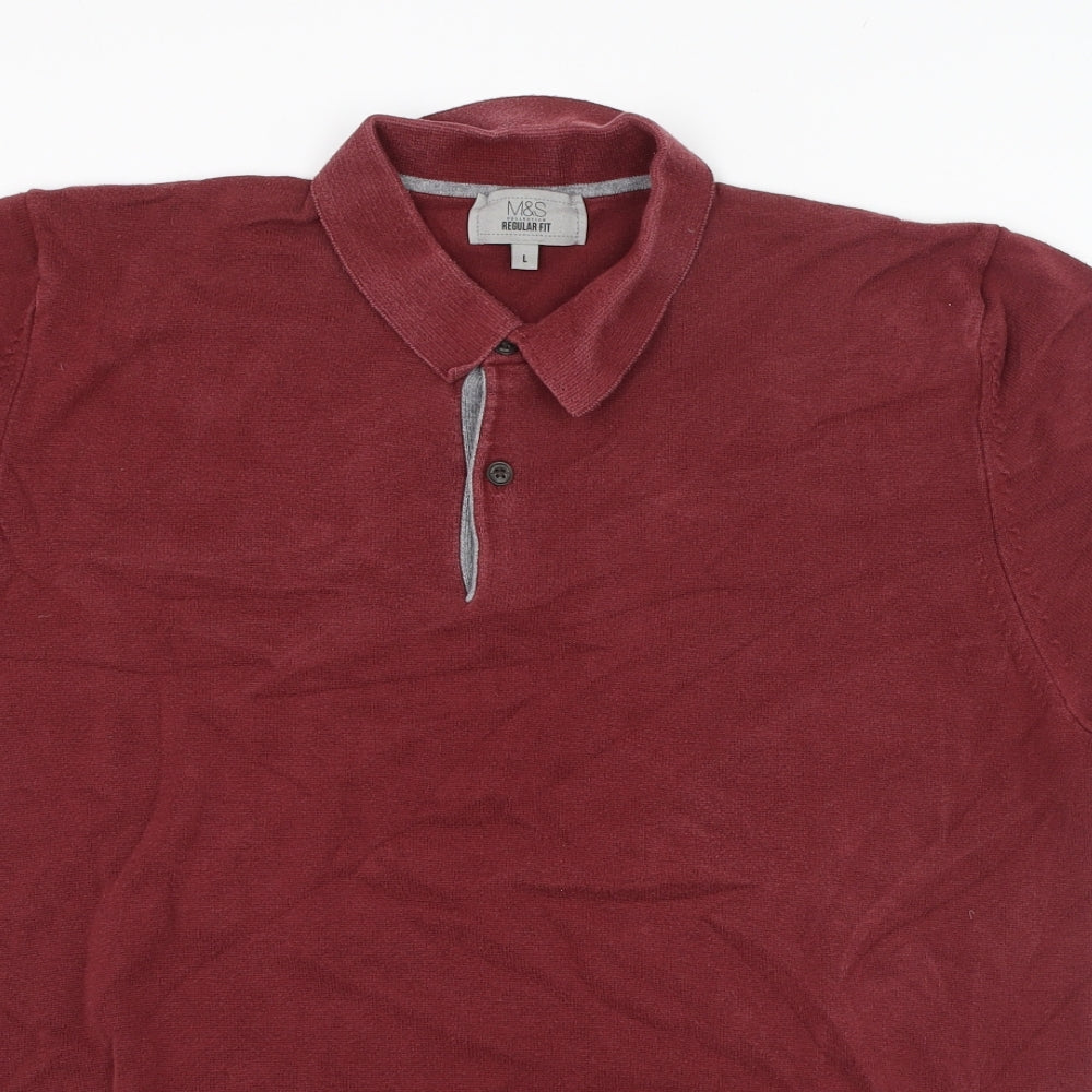 Marks and Spencer Mens Red  Cotton  Polo Size L Collared Pullover