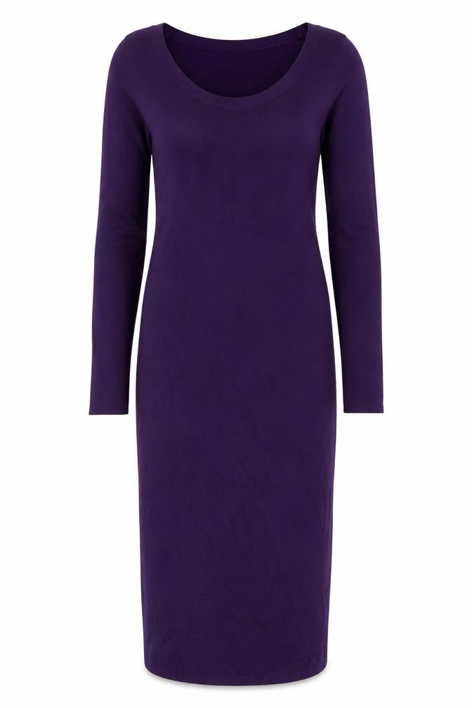 Front view of Oasis women’s purple viscose pencil dress, size S, round neck pullover